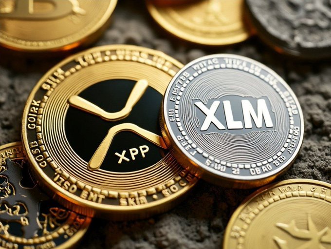 A close-up photograph of cryptocurrency coins, prominently featuring a gold-colored coin labeled 'XRP' and a silver-colored coin labeled 'XLM'.