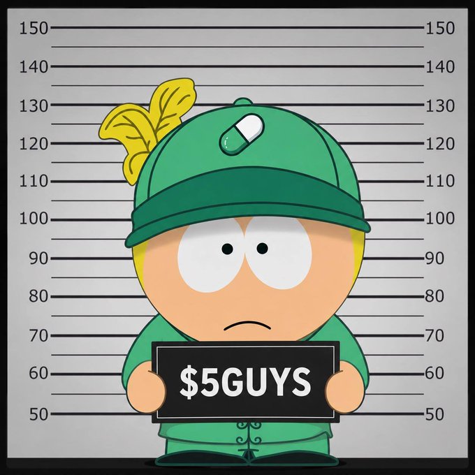 A cartoon character resembling Kyle from South Park in a mugshot pose, wearing a green cap with a yellow feather and holding a sign that reads '$5GUYS' against a height chart background.