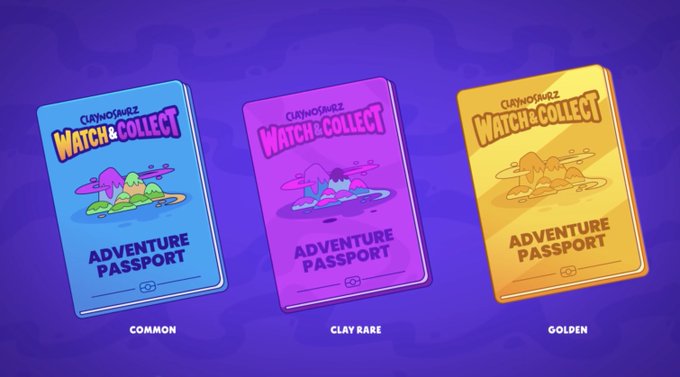 Three "Watch & Collect" Adventure Passport NFTs from Claynosaurz are displayed in their Common (blue), Clay Rare (purple), and Golden (yellow) variants, visually representing the rarity tiers tied to Claynosaurz's staking and rewards ecosystem mentioned in the accompanying post about their achievements, including their Webby win and expansion to the SUI blockchain.