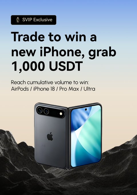 A promotional graphic for HTX’s SVIP 13th Anniversary trading event invites users to trade and reach cumulative volume to win AirPods, an iPhone 18, iPhone 18 Pro Max, Apple Watch Ultra, or 1,000 USDT. A foldable iPhone is pictured below the headline: “Trade to win a new iPhone, grab 1,000 USDT.”