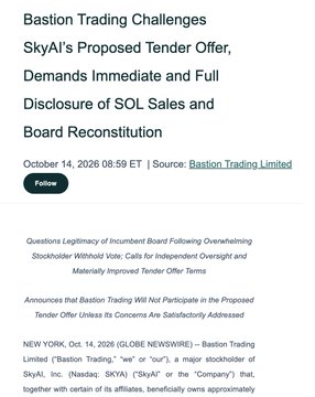 A news article headline reads 'Bastion Trading Challenges SkyAI's Proposed Tender Offer, Demands Immediate and Full Disclosure of SOL Sales and Board Reconciliation', dated October 14, 2026.