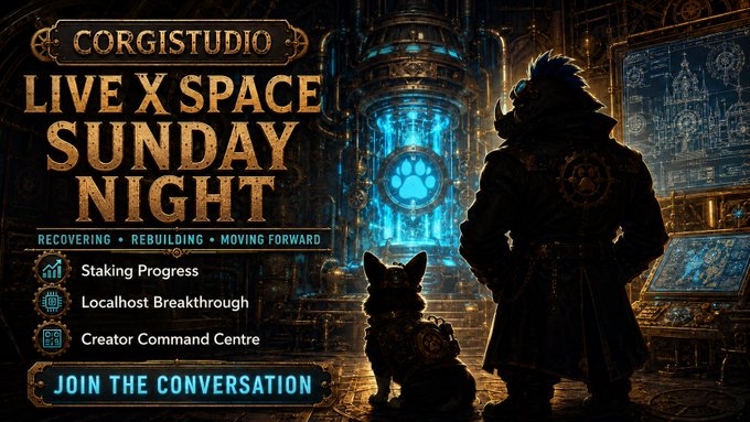 A promotional graphic for a 'CORGI STUDIO LIVE X SPACE SUNDAY NIGHT' with the themes 'RECOVERING • REBUILDING • MOVING FORWARD'. The cyberpunk-style artwork shows a figure and a corgi looking at a glowing blue machine, with bullet points for 'Staking Progress', 'Localhost Breakthrough', and 'Creator Command Centre'.