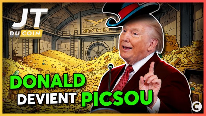 A YouTube thumbnail from "JT du Coin" features Donald Trump wearing a top hat, superimposed on a cartoon vault filled with gold, with bold green and white text reading "DONALD DEVIENT PICSOU" (Donald becomes Scrooge), likely referencing Trump's crypto-related wealth accumulation or memecoin activity covered in the weekly crypto news recap.