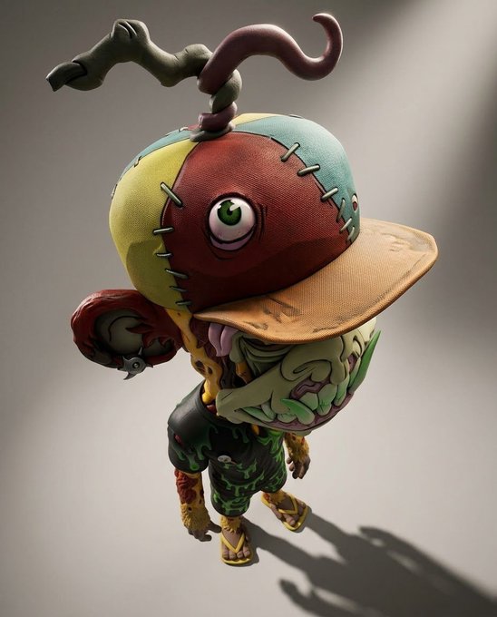 A 3D-rendered character featuring a large, grotesque head with mismatched colors (red, yellow, blue), stitches, a tan cap, exposed teeth, and a small body wearing green patterned clothing.
