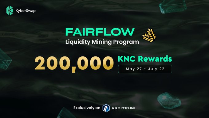 The image features a poster for a cryptocurrency mining program called FairFlow, which offers a reward of 200,000 KNC (Korean Wonchion) for miners who successfully mine a certain amount of cryptocurrency. The poster also includes information about the program's launch date and the company behind it.