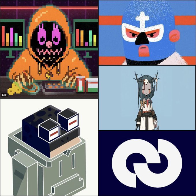 A collage of four digital illustrations featuring an orange hooded pixel-art skeleton working at a computer, a blue luchador mask character, a hooded figure with a skull mask against a blue background, a geometric box-like robot, and a stylized 'G' logo.