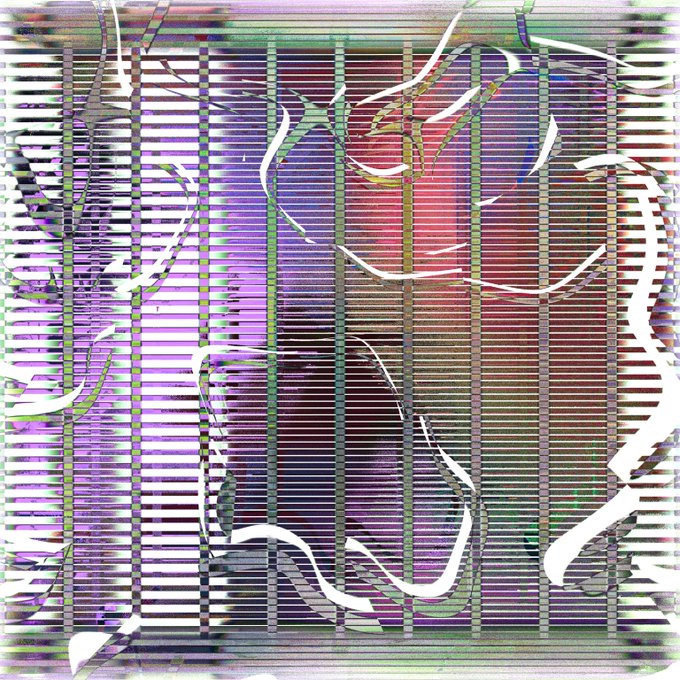 An abstract, glitch-art style image featuring overlapping horizontal lines, distorted shapes, and a mix of purple, red, and green colors.