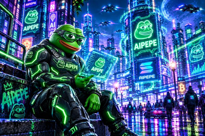 Digital art of a green Pepe the Frog character in futuristic armor holding a holographic card, set against a neon-lit cyberpunk cityscape with 'AIPEPE' branding and Solana and Bitcoin logos.