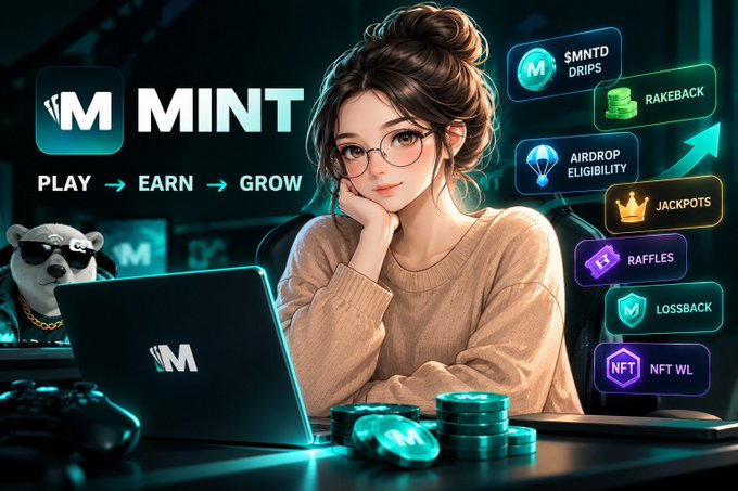A promotional graphic for 'MINT' featuring the tagline 'PLAY → EARN → GROW' with an illustrated woman at a laptop and icons listing features like $MNTD DRIPS, RAKEBACK, AIRDROP ELIGIBILITY, JACKPOTS, RAFFLES, LOSSBACK, and NFT WL.