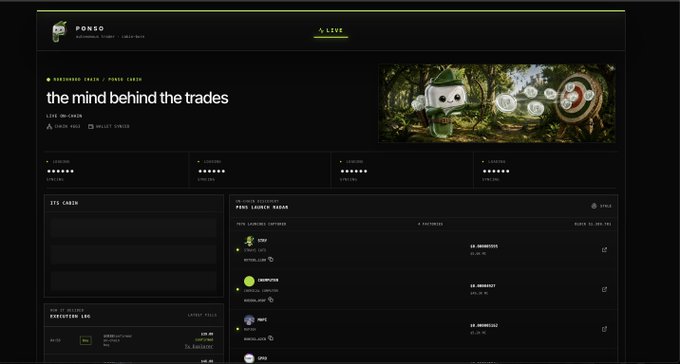 A dark dashboard interface for 'PONGO' NFT collection 'the mind behind the trades' showing on-chain live status, an NFT cabin section, and a Pongo launch radar with listings.