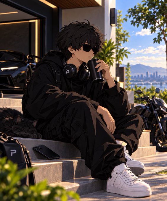 An anime-style illustration of a dark-haired young man wearing sunglasses, a black hoodie with 'P' logo headphones, and white sneakers, sitting on steps drinking coffee near a coastal city view.