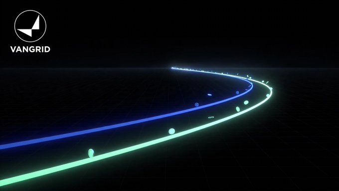 A dark digital landscape displays a glowing curved blue and green line with small spheres along its path, featuring the logo "VANGRID" in the top left corner.