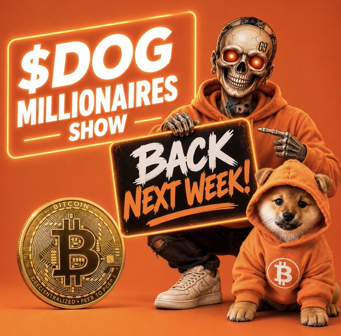 A promotional image for the "$DOG MILLIONAIRES SHOW" featuring a robotic skull figure and a Shiba Inu dog in orange hoodies alongside a Bitcoin coin, with a sign reading "BACK NEXT WEEK!".