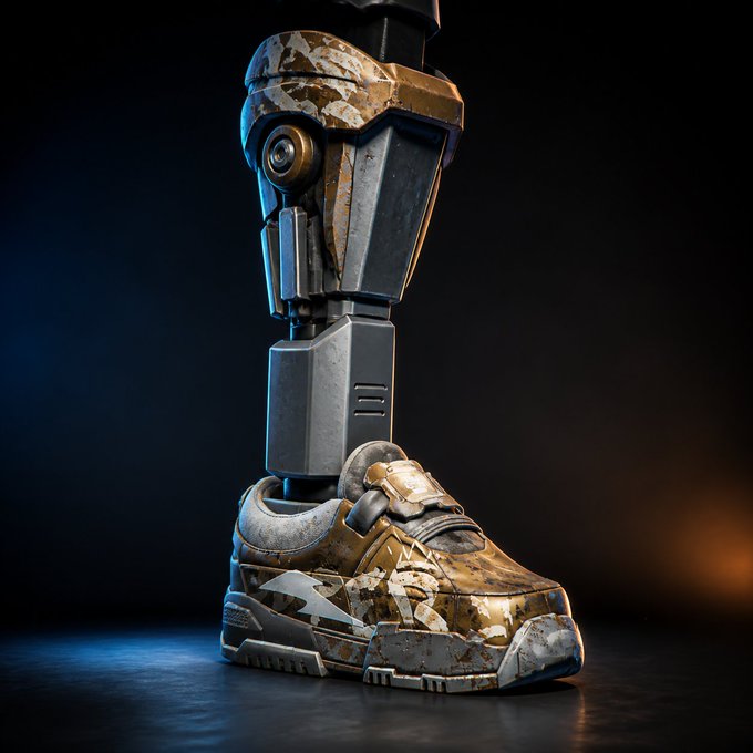 3D render of a worn, camouflage-patterned sneaker attached to a mechanical robotic leg component.