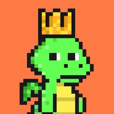 A pixel art illustration of a green dinosaur character wearing a golden crown, set against an orange background.