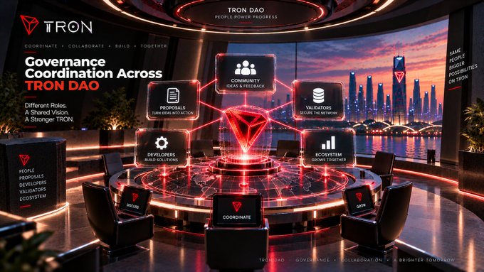 A TRON DAO promotional graphic titled 'Governance Coordination Across TRON DAO' depicting a futuristic circular meeting room with holographic icons for Community Goals & Feedback, Proposals, Validators, Developers, and Ecosystem.