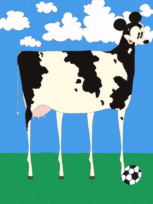 A whimsical illustration of a black and white cow with Mickey Mouse's head standing in a green field under a blue sky with white clouds, with a soccer ball at its feet.