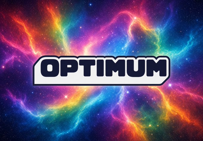 The word 'OPTIMUM' appears in a white logo box against a vibrant, multicolored cosmic background of swirling nebulas and stars.