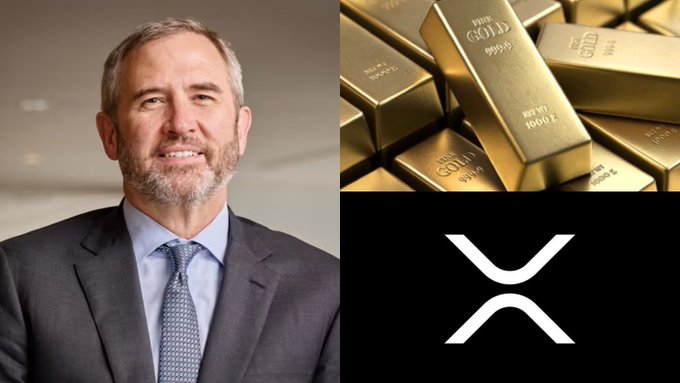 The image shows Brad Garlinghouse alongside stacks of gold bars and the XRP cryptocurrency logo, visually reinforcing his quote that "XRP is a commodity like gold and diamonds" by drawing a parallel between the cryptocurrency and traditional precious commodities.