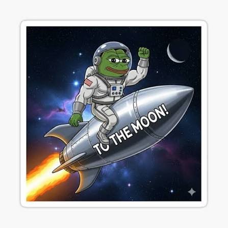 A cartoon Pepe the Frog dressed as an astronaut riding a silver rocket through space toward a crescent moon, with 'TO THE MOON!' written on the side of the rocket.