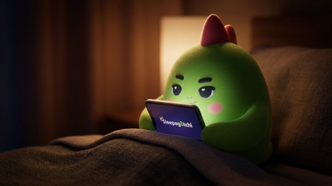A 3D-rendered green character with a red crest on its head is tucked into bed while looking at a device displaying 'Sleepagotchi'.