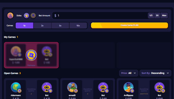 A Roobet coinflip gambling interface showing a $1 bet amount with 1x, 2x, 5x, and 10x game options, a "Create Game $1.00" button, and a "My Games" section displaying recent matches, reflecting the user's 4-win, 1-loss streak on the platform.