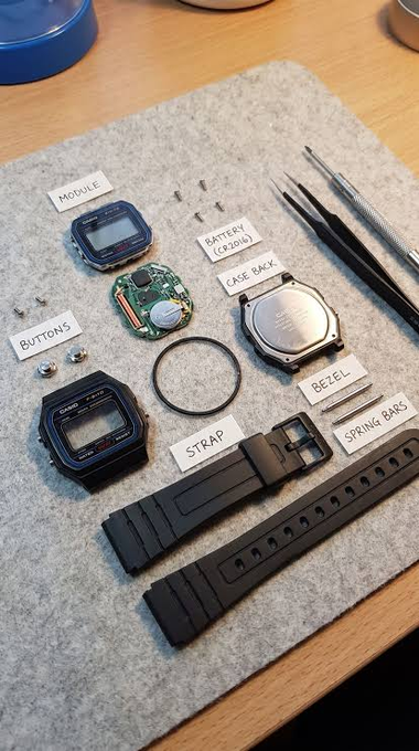 A disassembled Casio watch is laid out neatly on a gray felt mat, with handwritten labels identifying each component, including the "MODULE," "BATTERY (CR2016)," "CASE BACK," "BEZEL," "STRAP," "SPRING BARS," and "BUTTONS," alongside tools like tweezers and a small screwdriver. The image humorously plays on the satirical "breaking news" caption by treating a basic digital watch teardown as if it were a covert investigation into suspicious hardware implants in cold wallets.