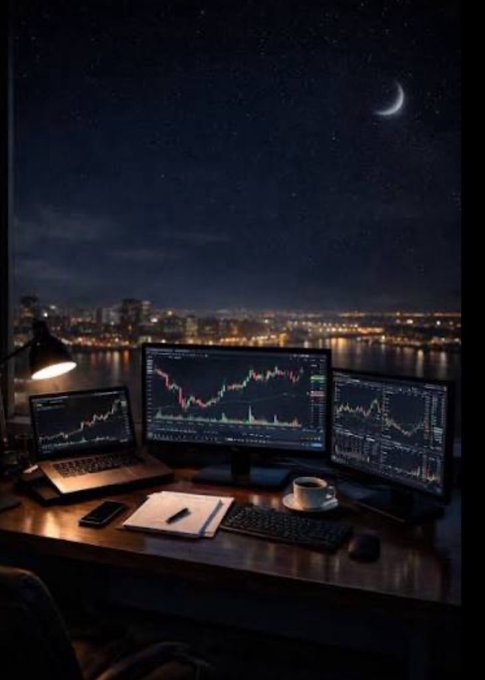 A nighttime view of a wooden desk setup with a laptop and two monitors displaying stock trading charts, facing a window with a crescent moon and a lit city skyline across the water.