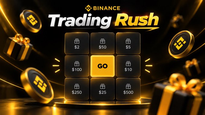 A promotional graphic for 'Binance Trading Rush' featuring a central 'GO' button surrounded by prize amount buttons ranging from $2 to $500, set against a dark background with floating gold coins and gift boxes.