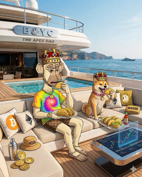 The image features a cartoon depiction of two monkeys sitting on a couch with a plate of food in front of them. One monkey has a crown on its head, while the other has a diamond-shaped object around its neck. The scene takes place near a pool and a yacht, suggesting that they are enjoying their time by the water.

The post includes text about tacos and diamonds, which is unrelated to the image or the monkeys sitting on the couch with food in front of them.