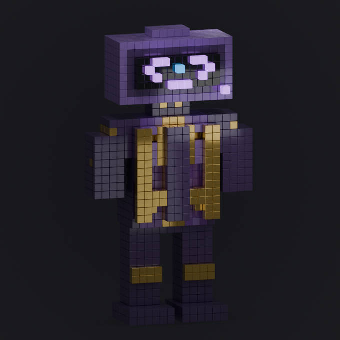 A blocky, pixelated 3D robot figure rendered in dark purple and gold with a cyan-accented visor face, presented as a stylized NFT-style avatar. The image serves as a mascot or character reveal for the "RootBots" mint referenced in the accompanying post.