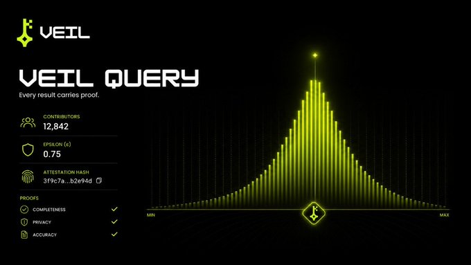 The image displays a promotional graphic for VEIL's "VEIL Query" feature, highlighting 12,842 contributors, a 0.75 epsilon privacy parameter, and an attestation hash (3f9c7a...b2e94d), with checks confirming completeness, privacy, and accuracy proofs alongside a bell-curve visualization. This visual reinforces the post by illustrating how VEIL's privacy-preserving computations deliver verifiable, aggregated results without exposing individual user data.