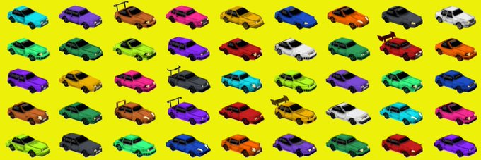 A repeating pattern of colorful isometric car illustrations in various bright colors (pink, blue, green, orange, purple) arranged in rows on a yellow background.