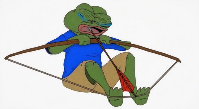 The 'Pepe with a bow' meme showing the cartoon frog crying while shooting an arrow.