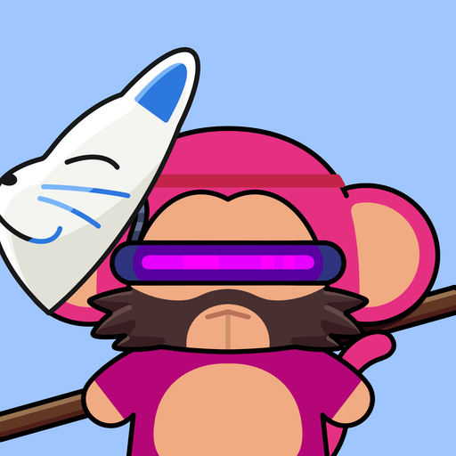 A cartoon monkey wearing a pink hood and VR goggles carries a wolf mask on a stick over its shoulder.