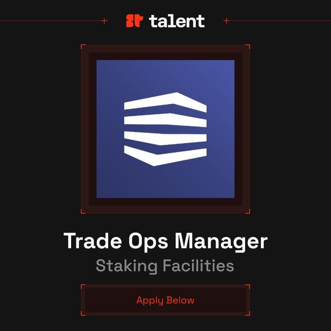 A Talent Protocol job listing graphic for a 'Trade Ops Manager - Staking Facilities' position with a blue hexagonal logo and an 'Apply Below' button in red.
