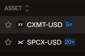 A dark-mode user interface snippet from a trading platform showing an 'ASSET' list with the pairs 'CXMT-USD 5x' and 'SPCX-USD 20x'.