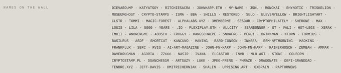 A list titled "NAMES ON THE WALL" displays numerous usernames separated by asterisks, including DIEDAVDAMP, KATYATSOV, RITCHIESACRA, JOHNWARP.ETH, and TRISEKELTON.