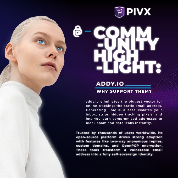 A PIVX 'Community Highlight' graphic featuring addy.io, explaining how it eliminates email tracking and offers features like two-way replies, custom domains, and OpenPGP encryption.