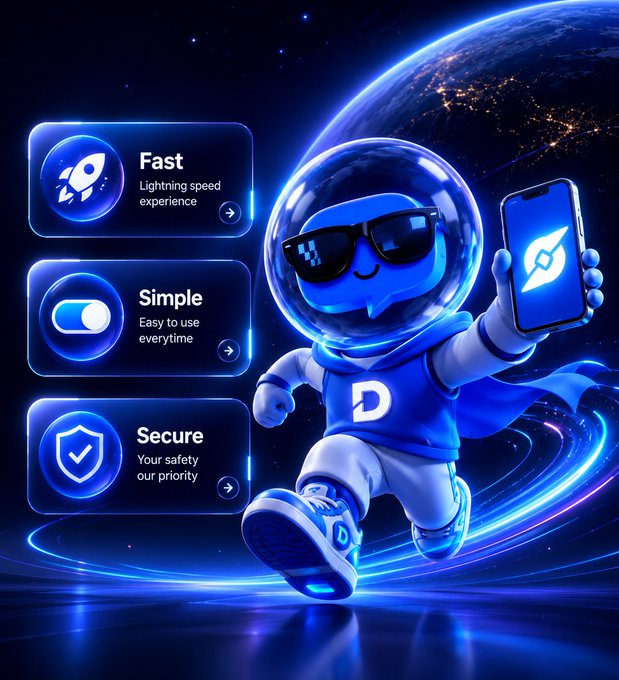 The image shows a cartoon character dressed as an astronaut wearing sunglasses and holding a cell phone. The background of the image is blue with purple lines, giving it a futuristic appearance. The caption below the image reads "Discover @DlicomApp Dlicom is building a growing Web3 ecosystem where users can manage digital assets, connect with communities, explore new opportunities, and enjoy a seamless social experience all in one place".