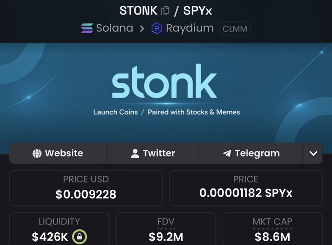Cryptocurrency token page showing STONK/SPYx token listed on Raydium (CLMM) on Solana blockchain, with a price of $0.009228, liquidity of $426K, FDV of $9.2M, and market cap of $8.6M, described as a launch coin paired with stocks and memes.