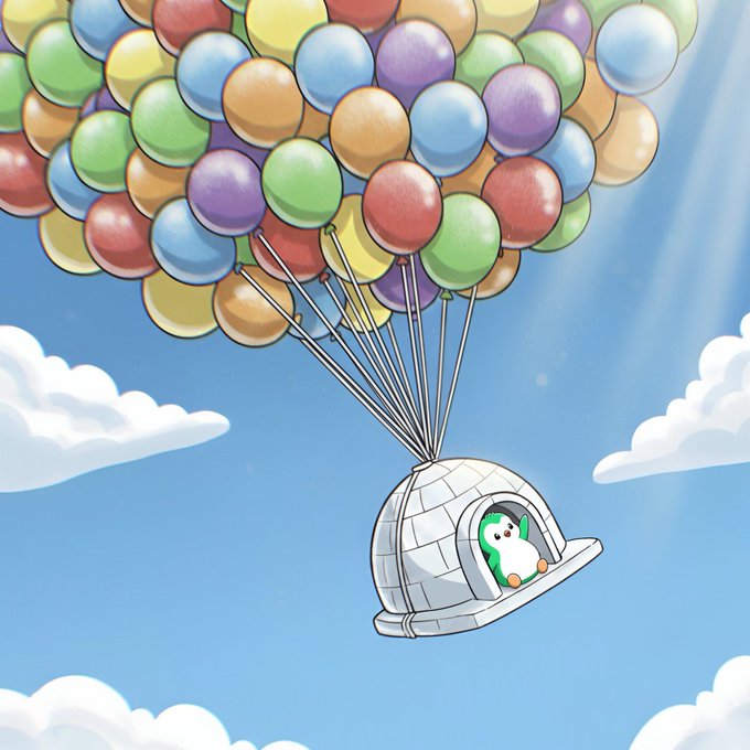 A cute illustration shows a penguin inside a small igloo-shaped cabin being lifted through a sunny blue sky by a massive bunch of colorful balloons, symbolizing the uplifting "GM" (Good Morning) sentiment and excitement for AbstractChain's XP day.