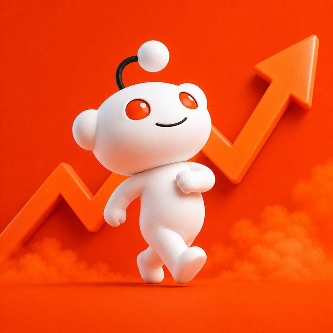 A 3D rendering of the Reddit mascot, Snoo, walking in front of a large upward-trending orange arrow against a vibrant orange background.