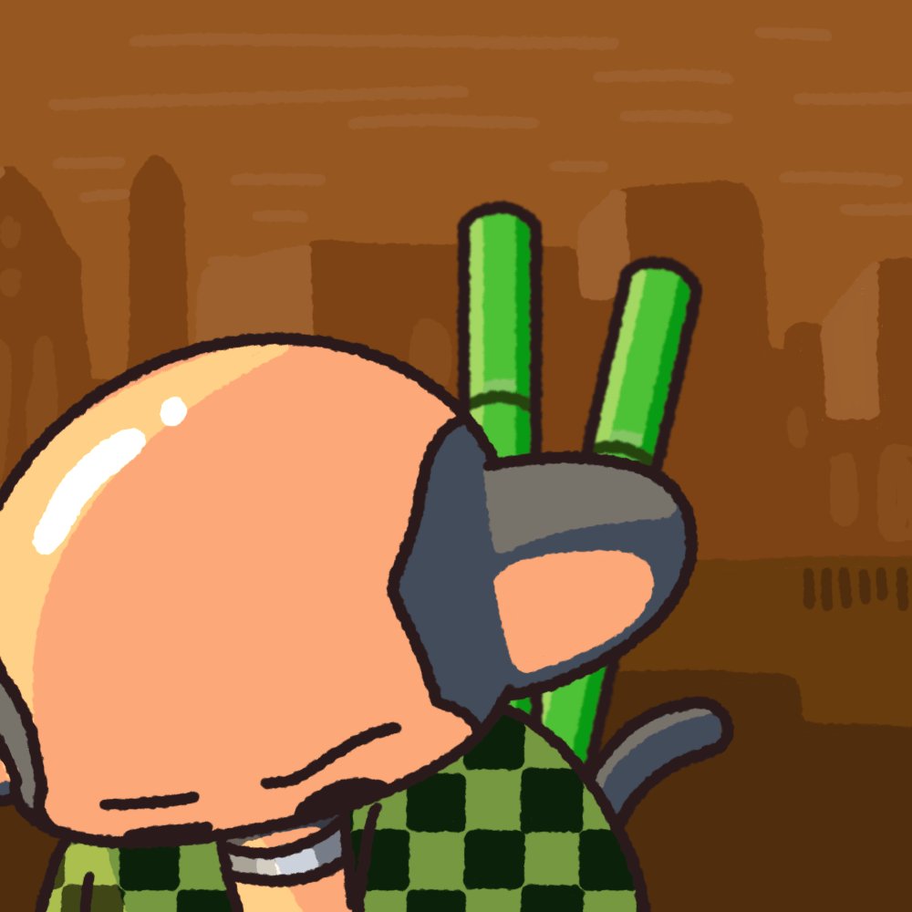 The image features a cartoon character with a bald head wearing a green and white checkered shirt, holding two bamboo sticks or chopsticks. The character appears to be looking down at something below them. The image also includes text that reads "world.chimpers.com/gallery/5463 You can view each Chimpers NFT's Giphy, name, lore, background music, traits, and more on the webpage". This suggests that there might be a collection of similar characters or items available for viewing in this gallery.