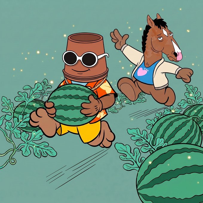 A whimsical cartoon depicts a flowerpot-headed character wearing sunglasses and a Hawaiian shirt holding a watermelon, alongside a horse character in a tank top, surrounded by watermelons on vines.
