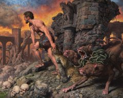 A dramatic fantasy illustration depicts a shirtless figure climbing over rocky terrain near ancient ruins, with a small green dragon-like creature beside them and a sunset sky in the background.