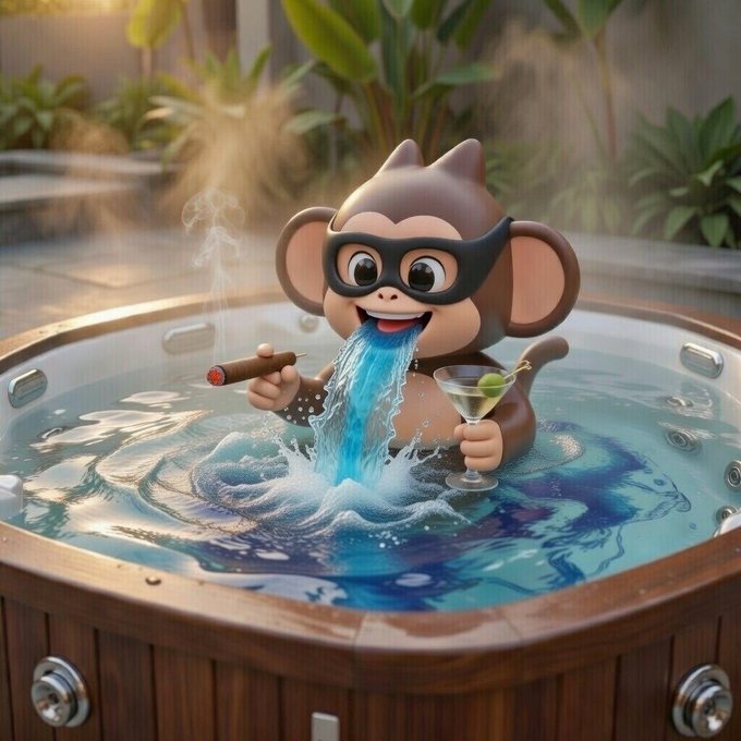 A 3D-rendered cartoon monkey character wearing a black mask, sitting in a hot tub while holding a cigar and a martini glass with blue liquid streaming from its mouth.
