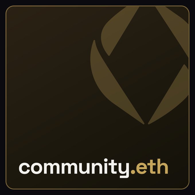 Dark brown and gold logo design featuring 'community.eth' text at the bottom with an abstract geometric emblem above.