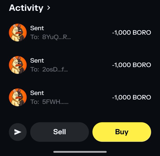 A mobile app activity screen showing three outgoing transactions of -1,000 BORO sent to different addresses, with 'Sell' and 'Buy' buttons at the bottom.