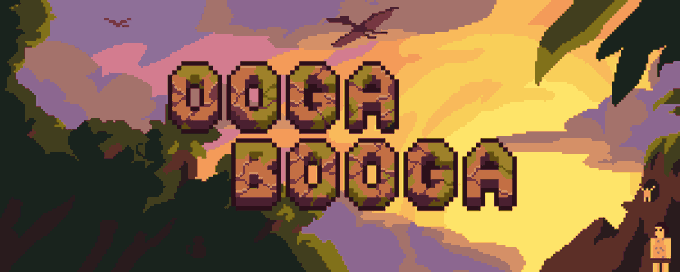 Pixel art logo reading "OOGA BOOGA" against a tropical sunset background with palm trees, birds in flight, and a vibrant orange and purple sky.